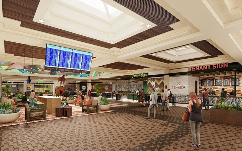 A rendered mockup of the Albuquerque International Sunport waiting area, showing natural lighting, ample seating, and local food concessions