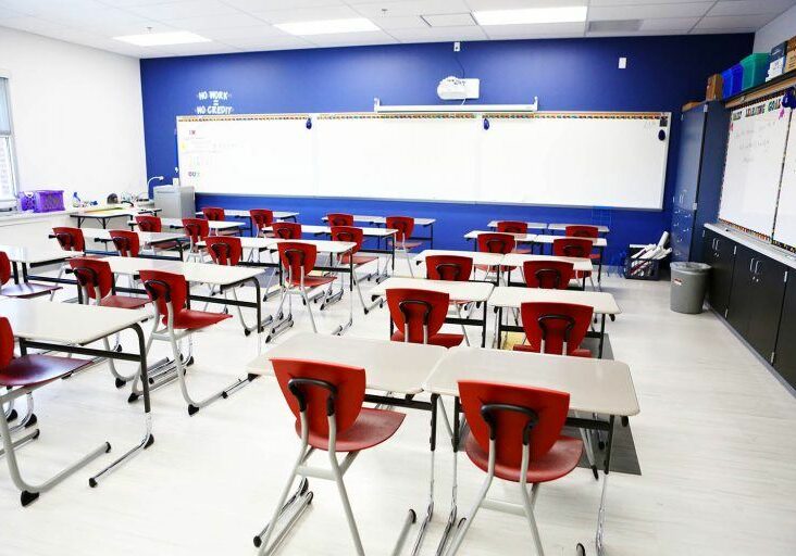 Mancos Schools K-12 Classroom showing whiteboards and desks